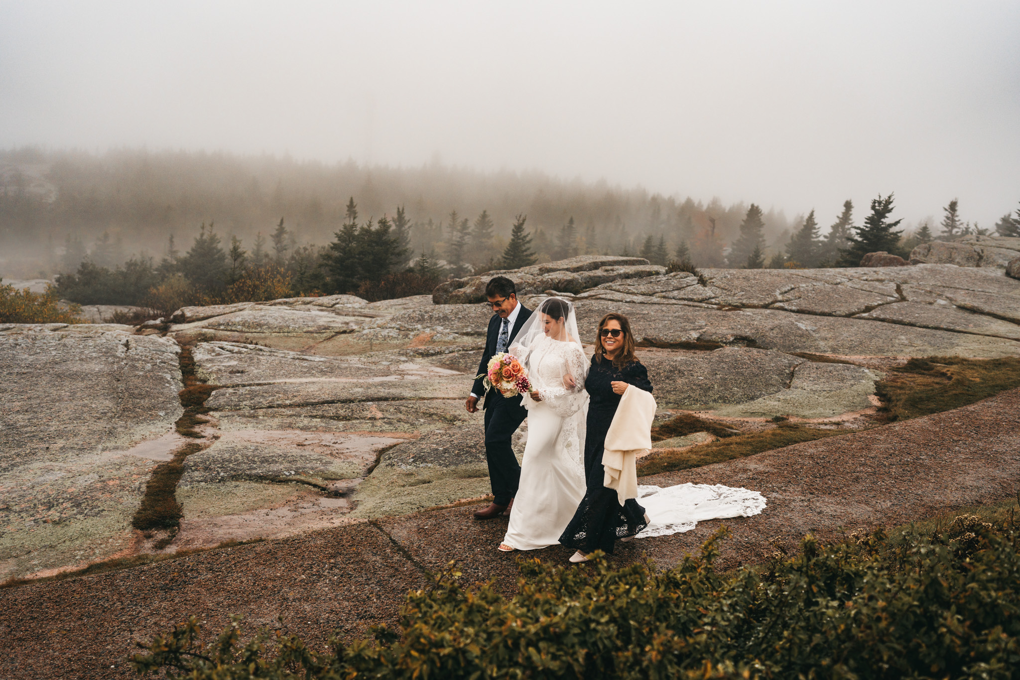 Emotional Acadia elopement with family gathered on Cadillac Mountain summit