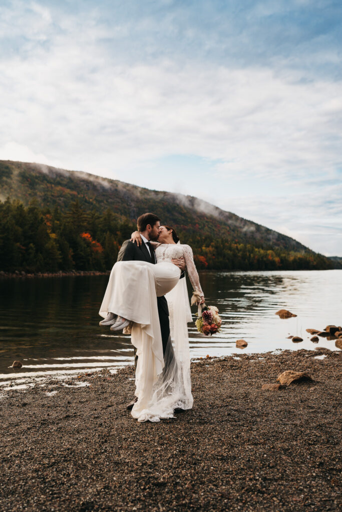 Quiet moment at Jordan Pond during an Acadia National Park elopement