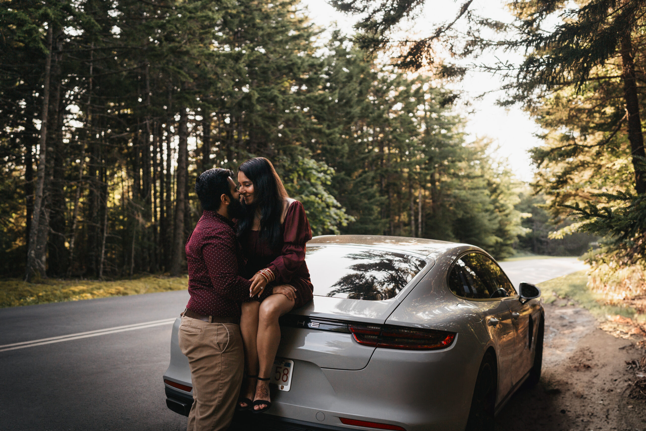 Porsche parked along Park Loop Road in Acadia National Park