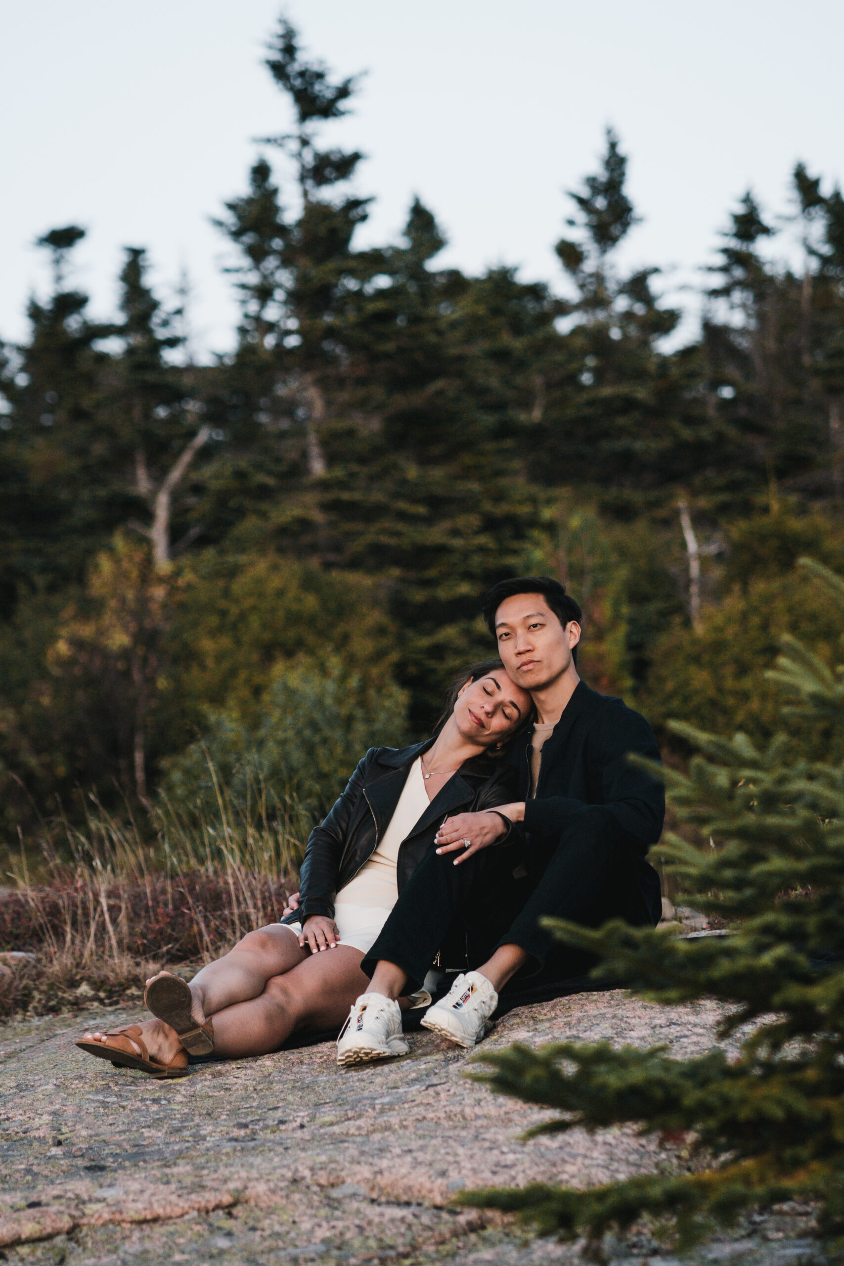 Just engaged couple watching the sunset in Acadia