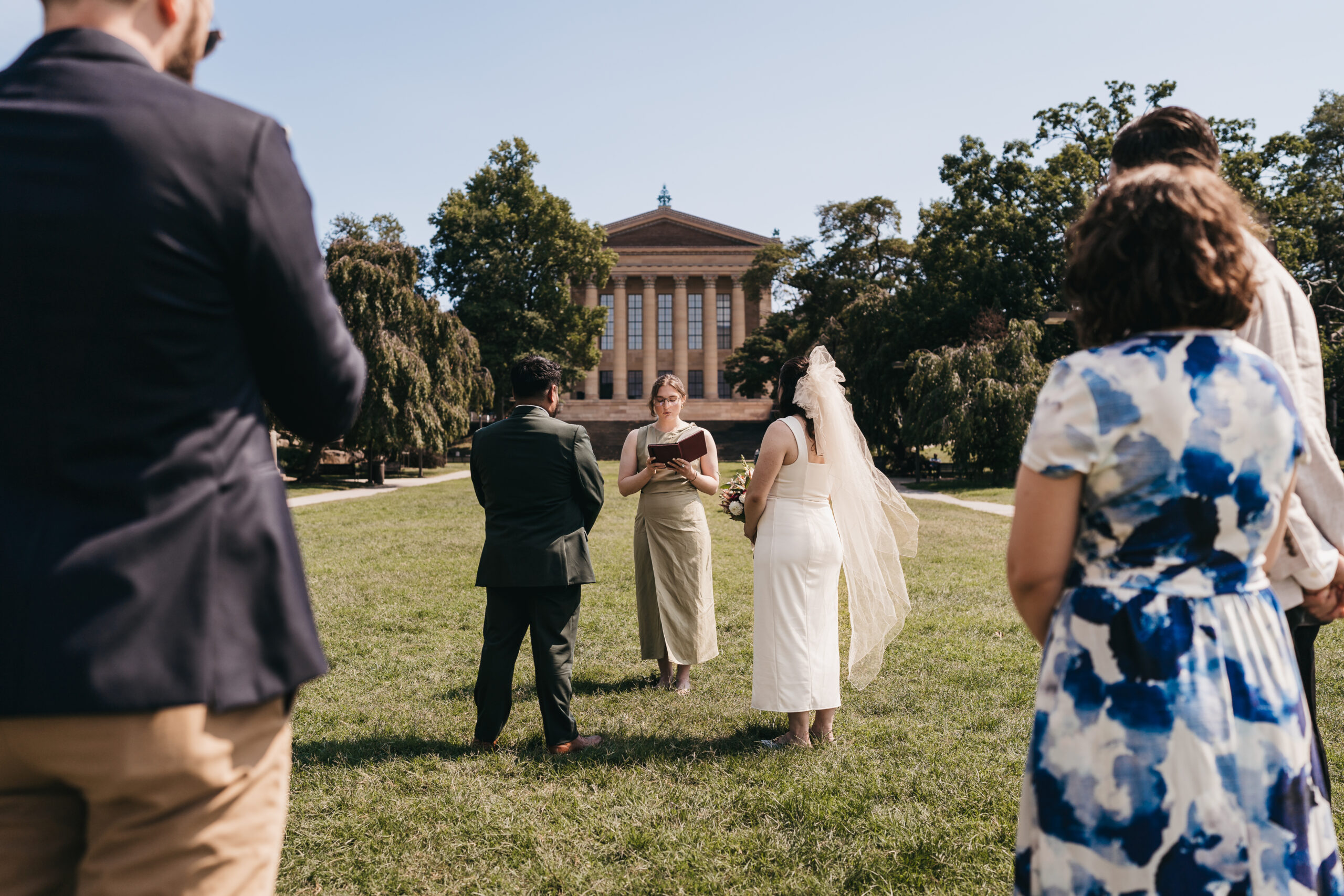 Philadelphia Museum of Art elopement ceremony on the lawn with close family