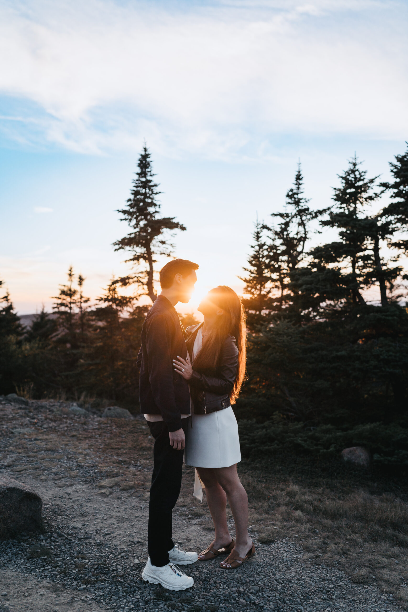 Couple celebrating their engagement in Acadia National Park