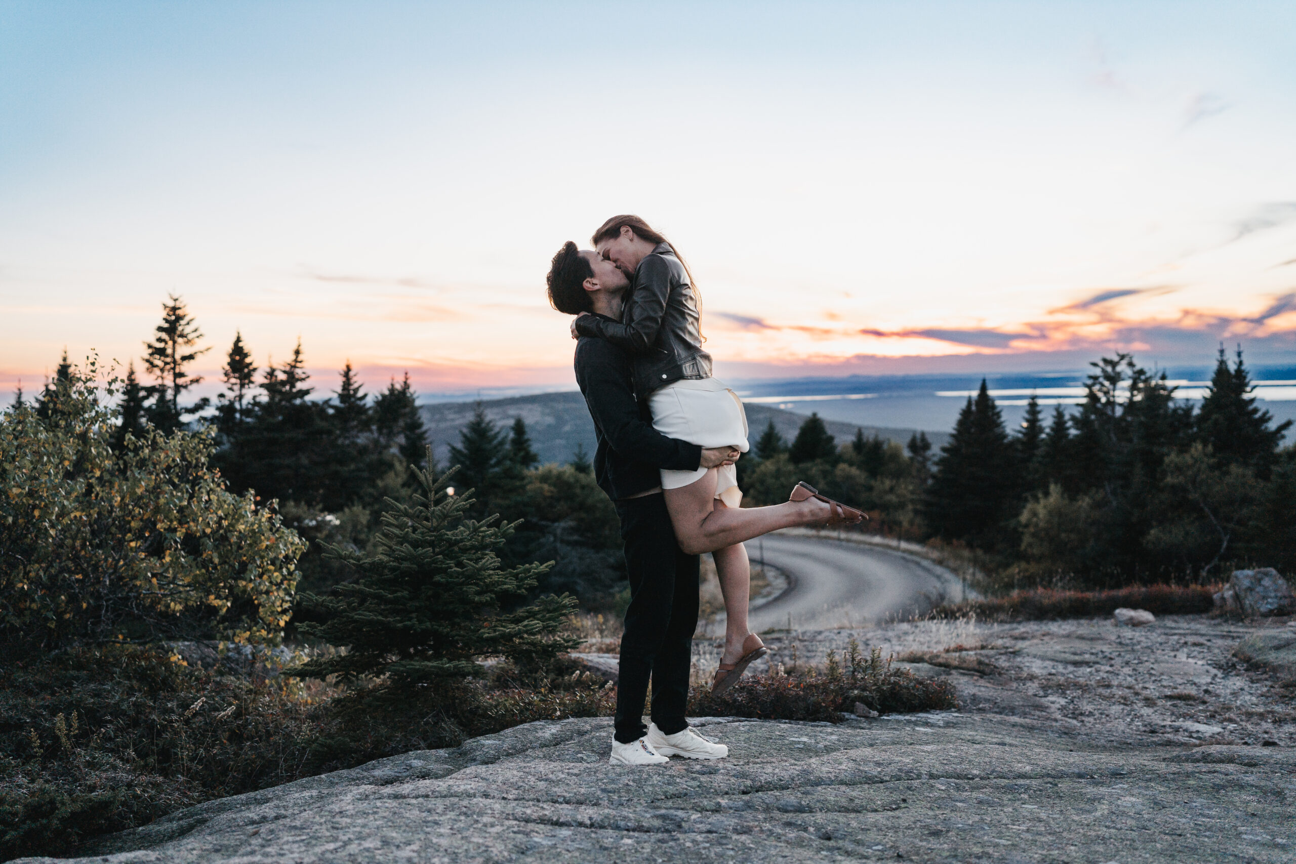 Sunset engagement photos at Cadillac Mountain in Acadia National Park