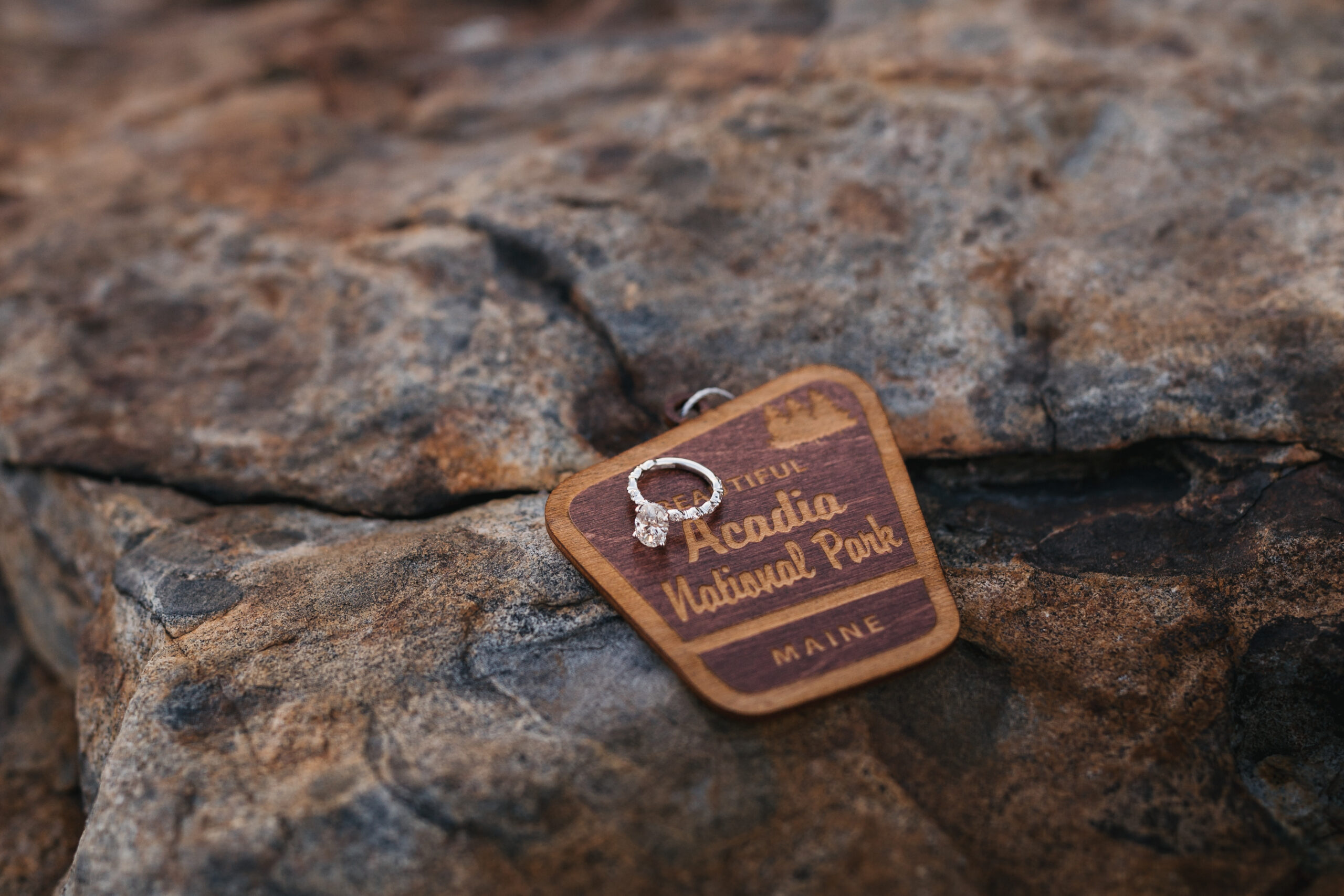 Detail shot of engagement ring in Acadia National Park
