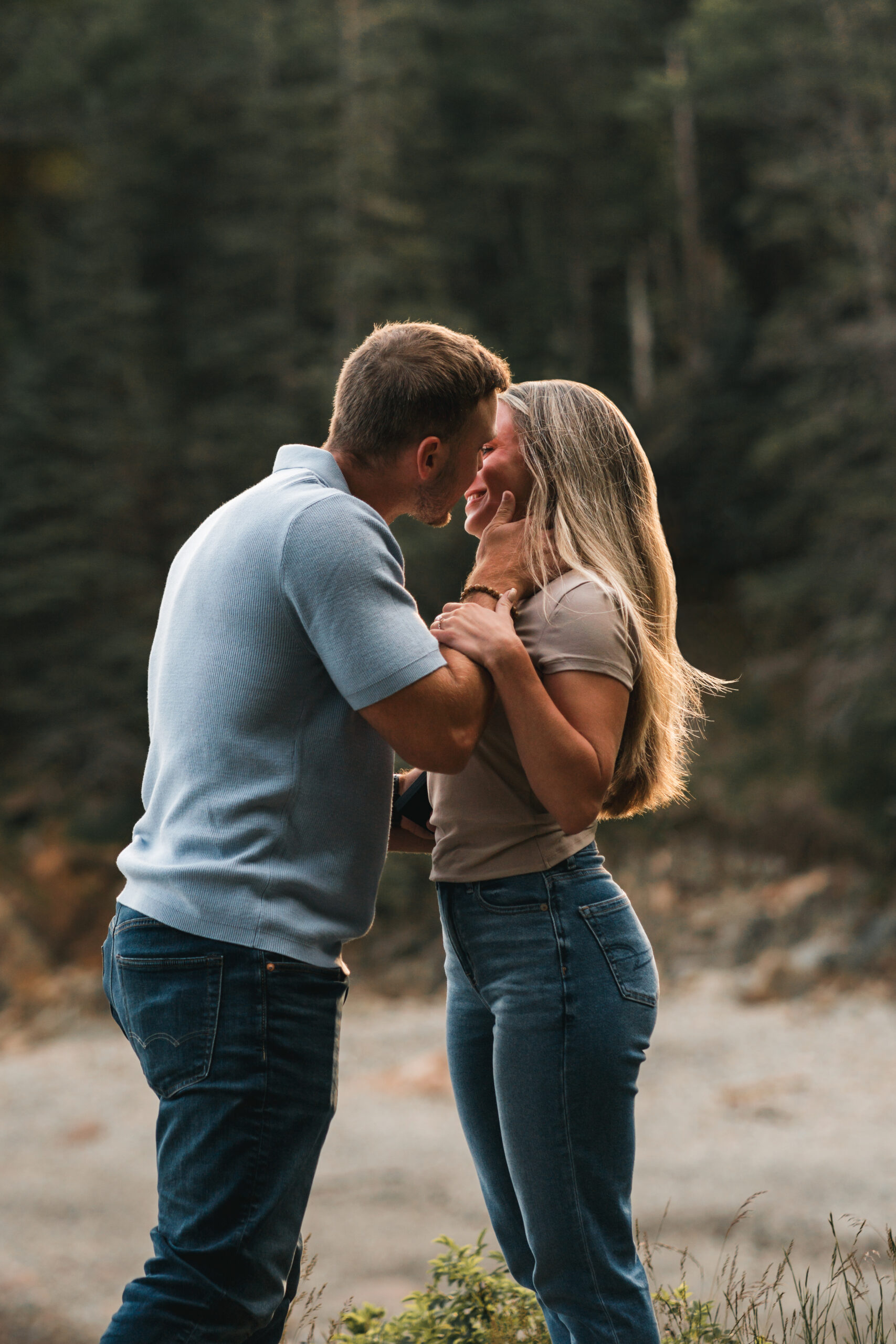 Candid reaction after surprise proposal in Acadia National Park
