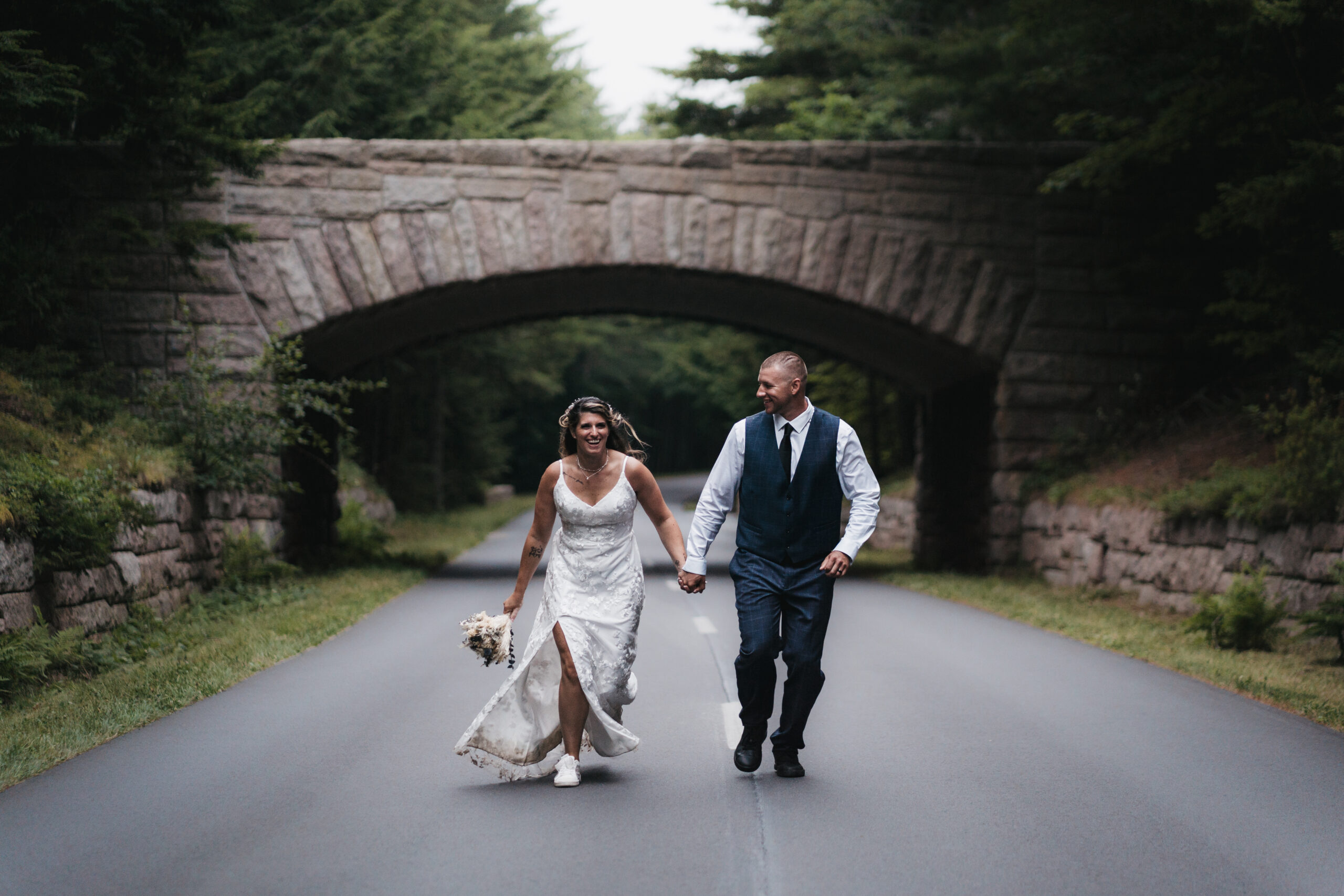 Running along Park Loop Road in Acadia National Park.