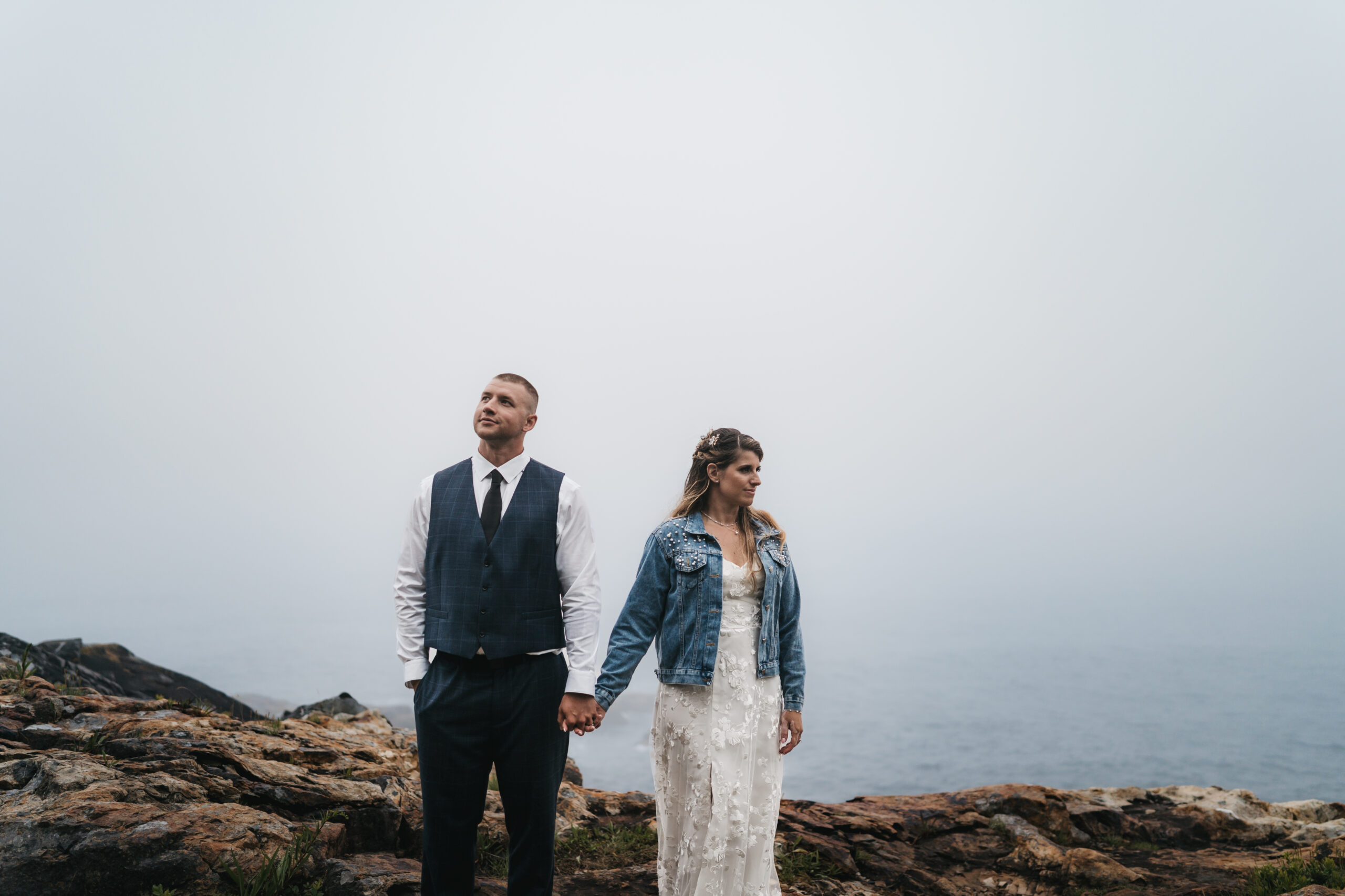 Adventurous newlywed portraits along the coast during a Maine Coastal elopement.