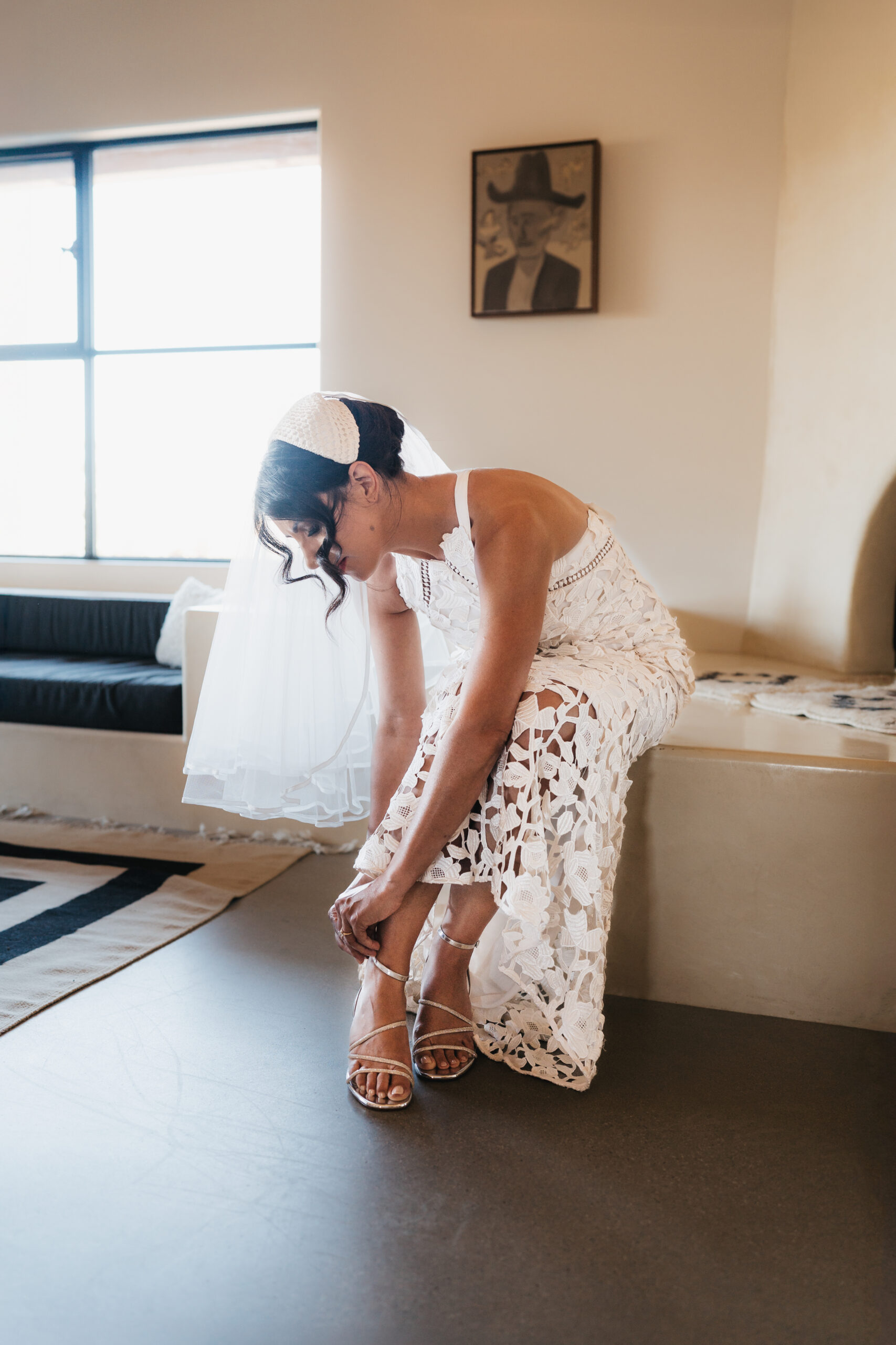 Bride getting ready for her Joshua Tree elopement.