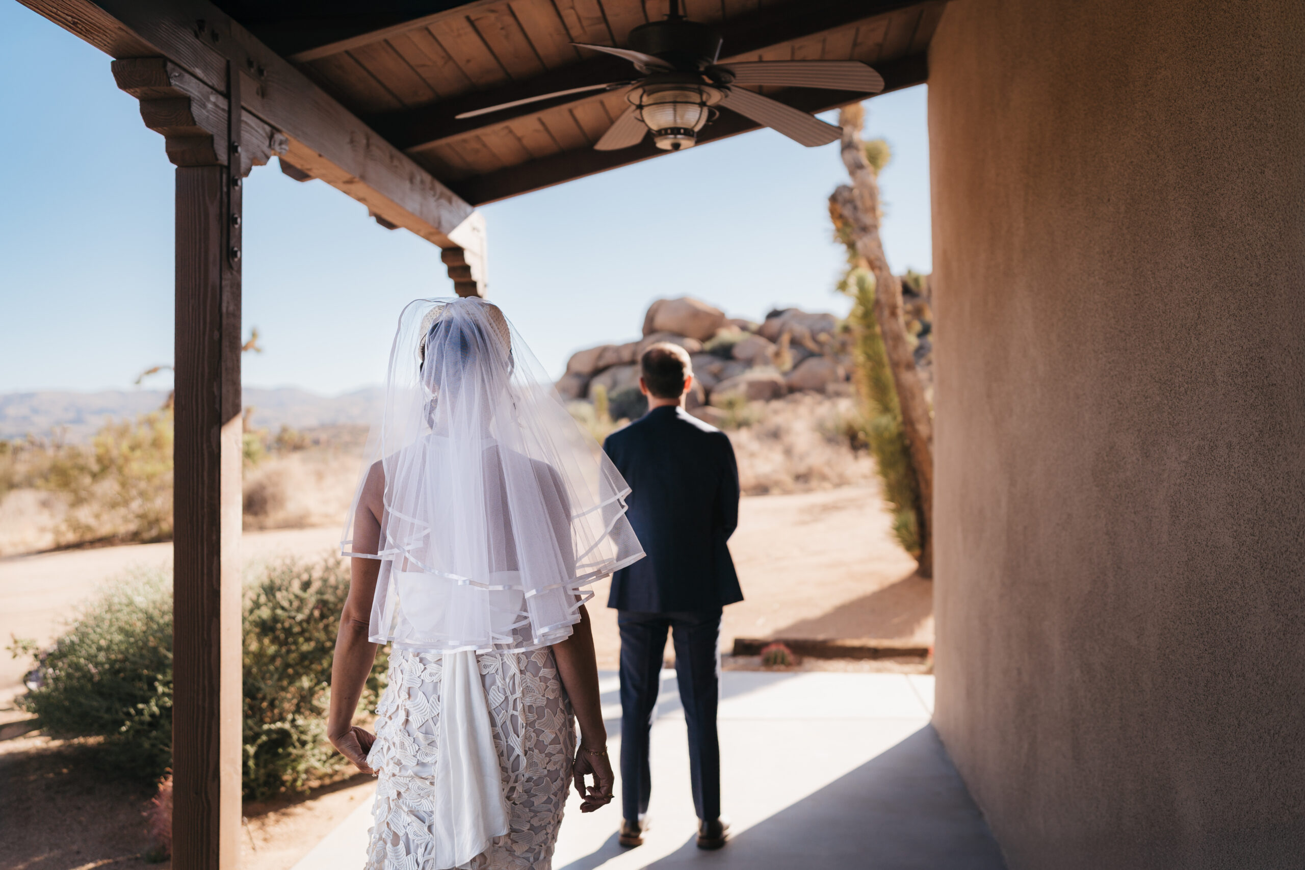 Emotional first look at an Airbnb before a Joshua Tree elopement.