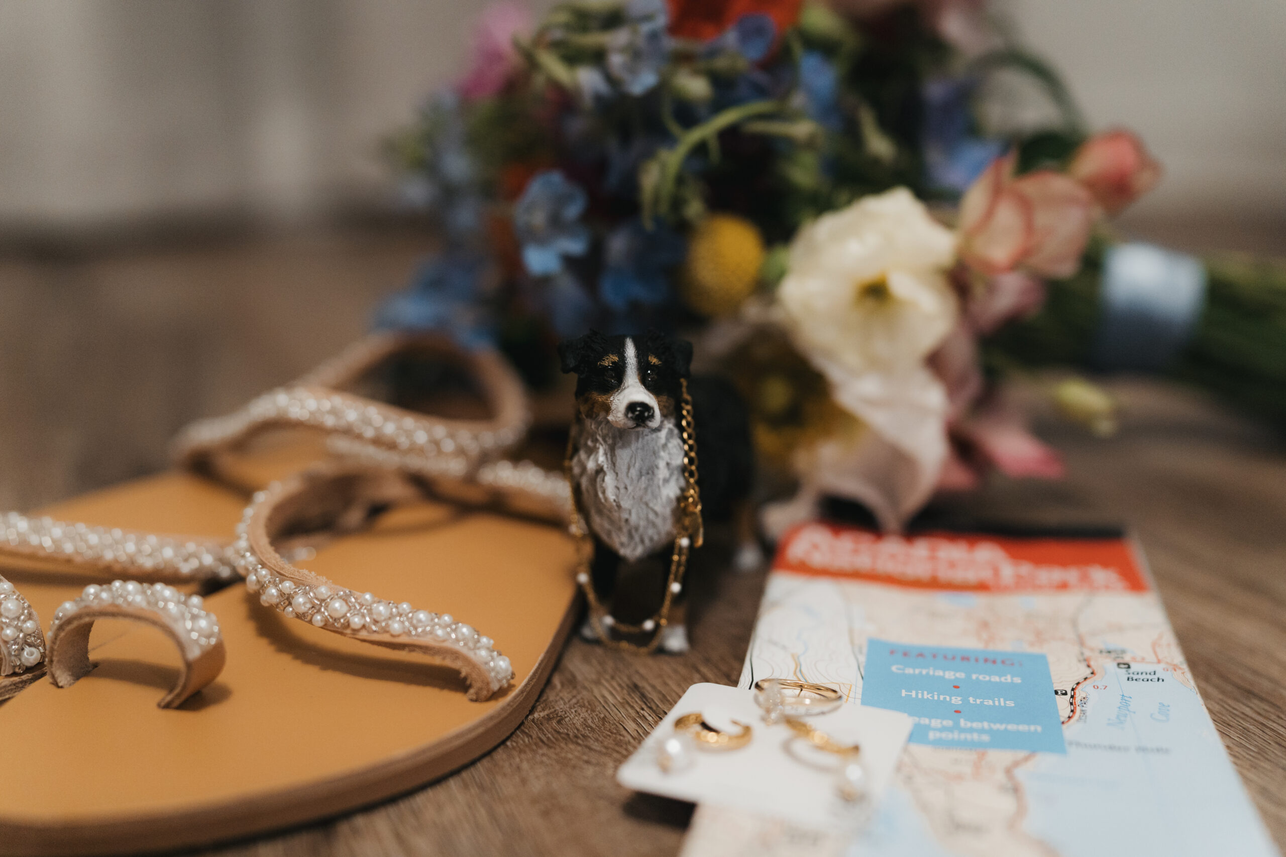 Mini dog figurine included in wedding details for a Sunrise Acadia Elopement.
