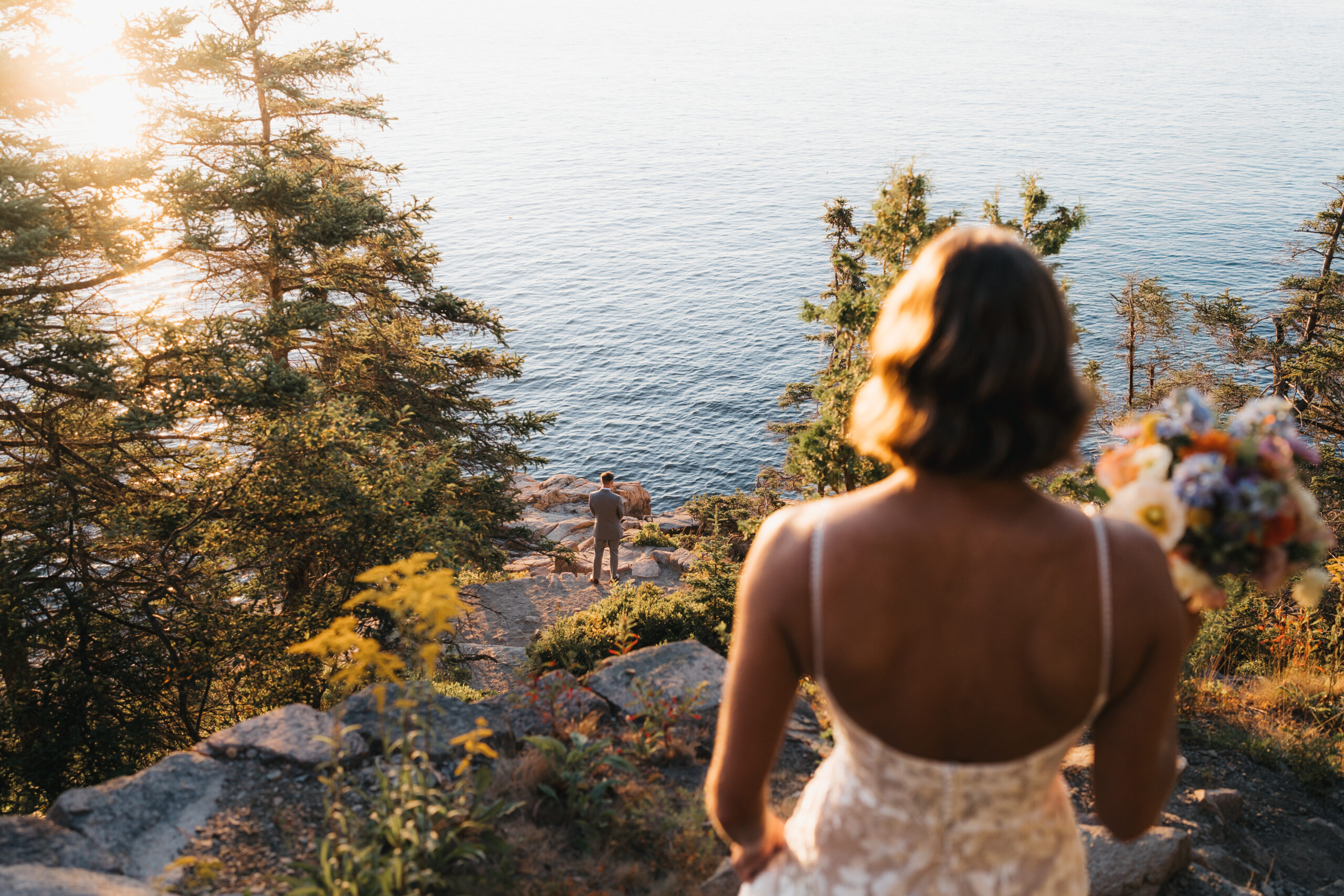 Romantic first look at Otter Cliffs during a Sunrise Acadia Elopement.