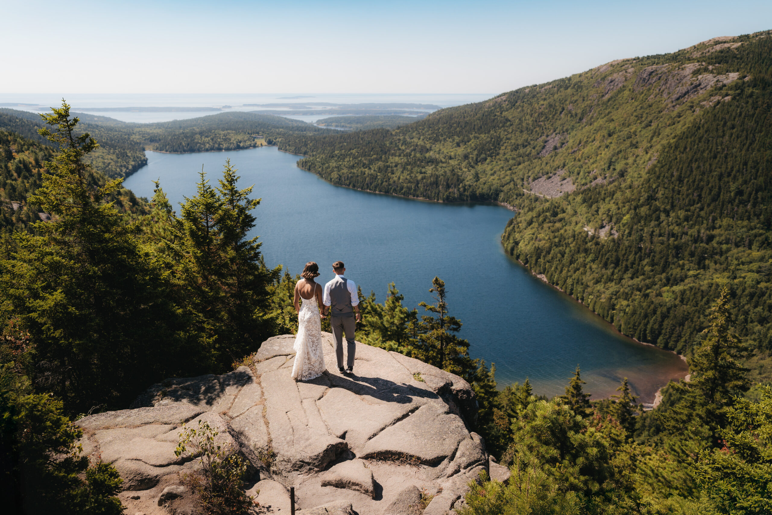 Bride and groom at North Bubble Overlook during a Sunrise Acadia Elopement.