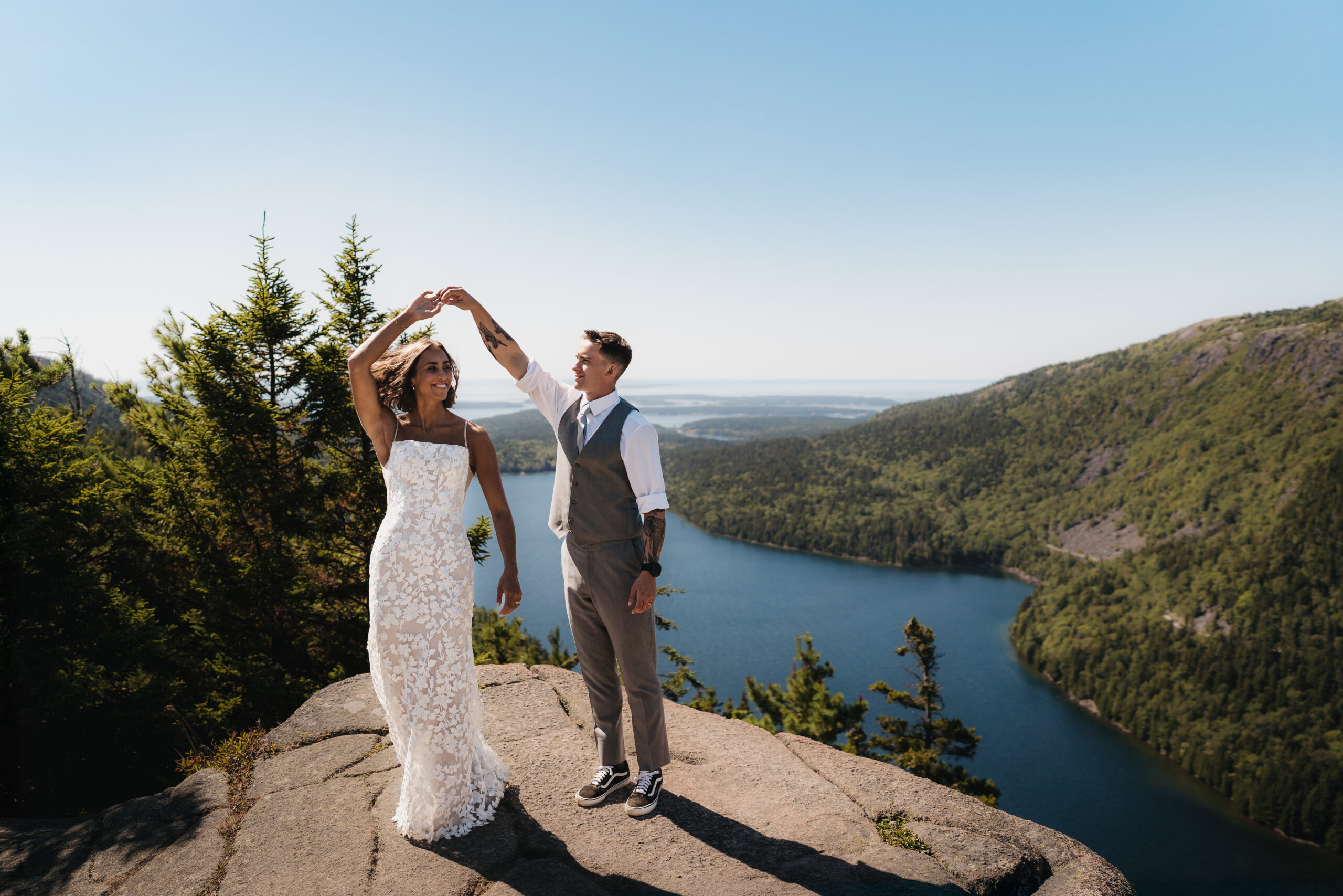 Romantic summit portraits during a Sunrise Acadia Elopement.